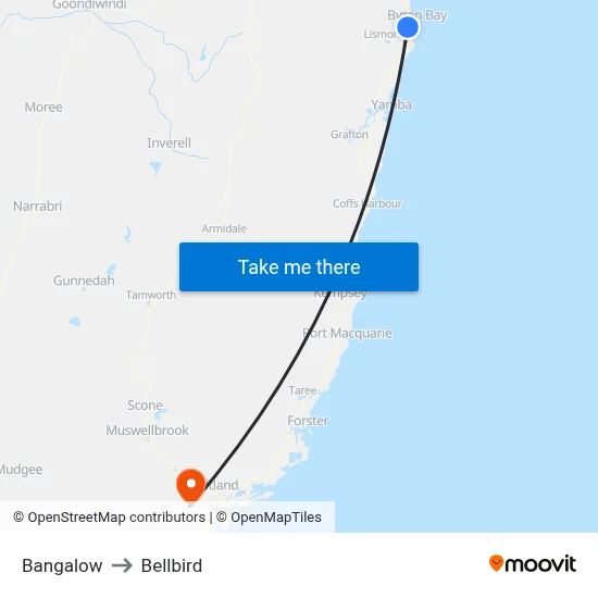 Bangalow to Bellbird map
