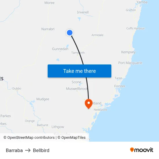 Barraba to Bellbird map