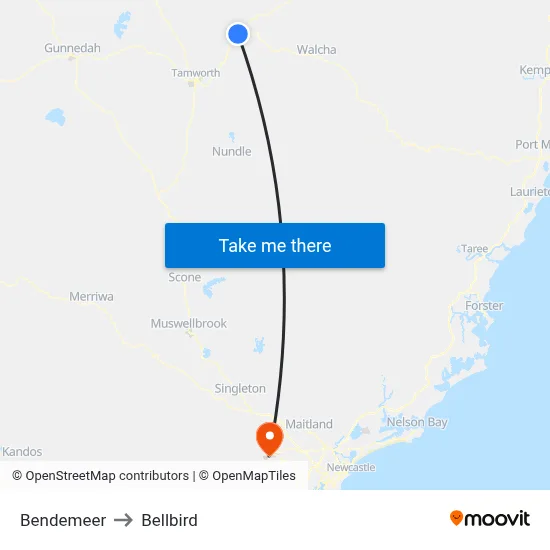 Bendemeer to Bellbird map