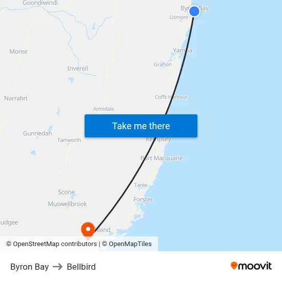 Byron Bay to Bellbird map