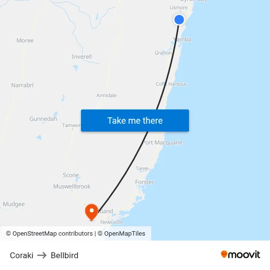 Coraki to Bellbird map