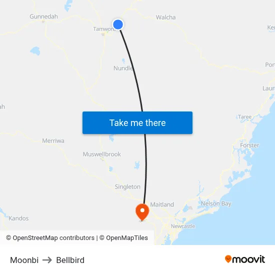 Moonbi to Bellbird map
