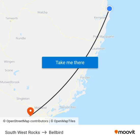 South West Rocks to Bellbird map