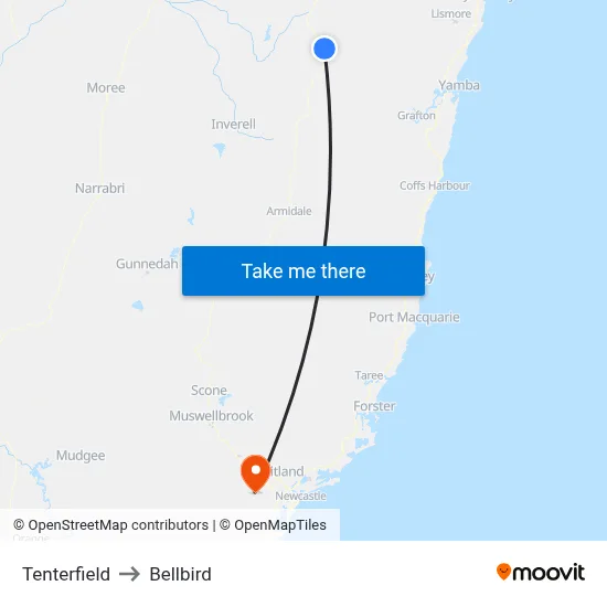 Tenterfield to Bellbird map