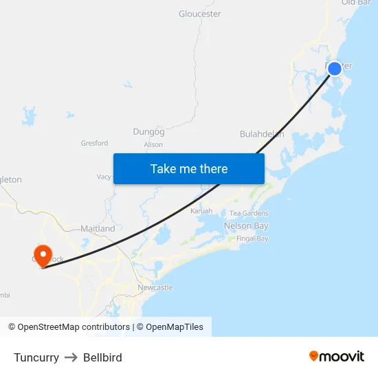 Tuncurry to Bellbird map