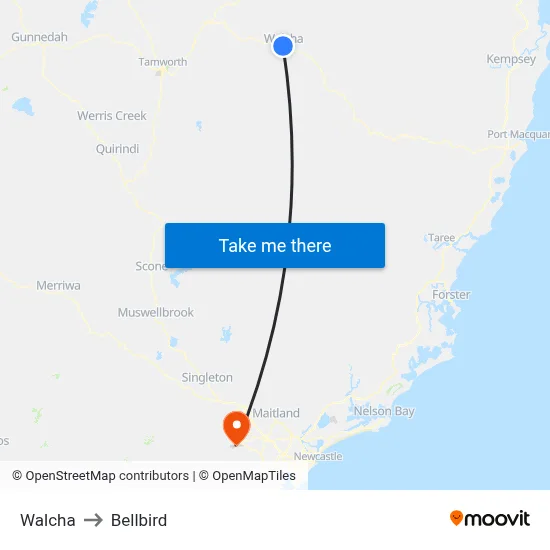 Walcha to Bellbird map