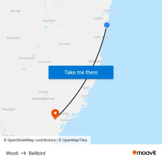 Wooli to Bellbird map