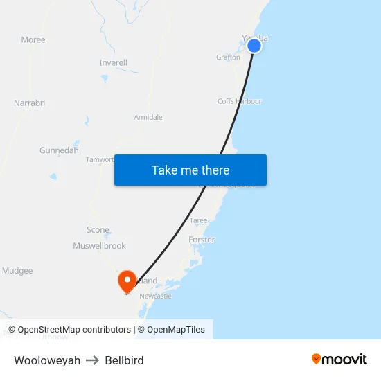 Wooloweyah to Bellbird map