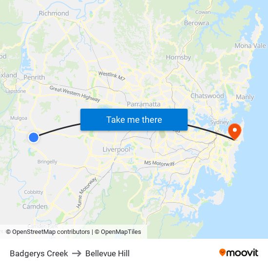 Badgerys Creek to Bellevue Hill map