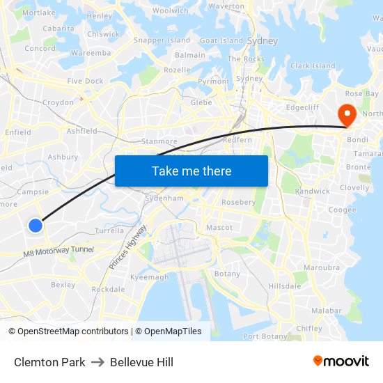 Clemton Park to Bellevue Hill map