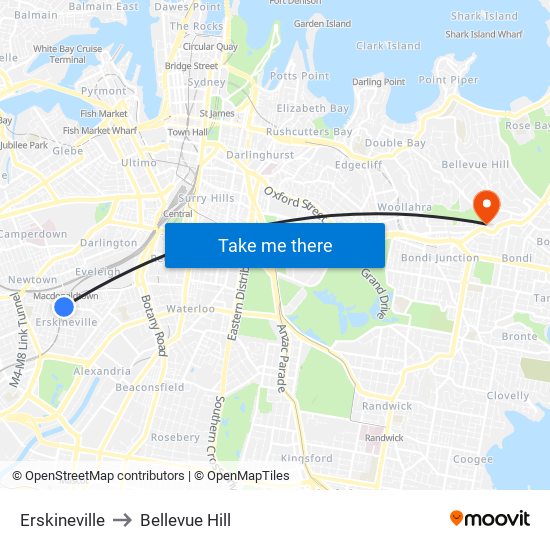 Erskineville to Bellevue Hill map