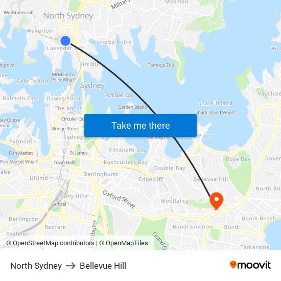 North Sydney to Bellevue Hill map