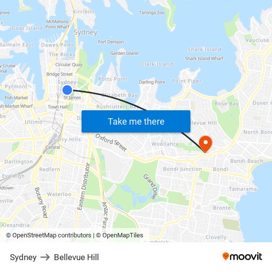 Sydney to Bellevue Hill map