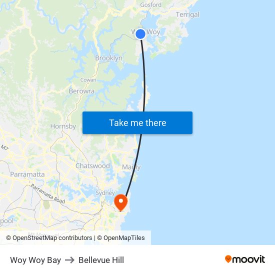 Woy Woy Bay to Bellevue Hill map