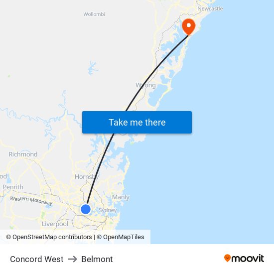 Concord West to Belmont map