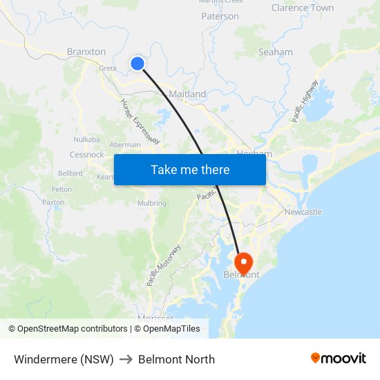 Windermere (NSW) to Belmont North map