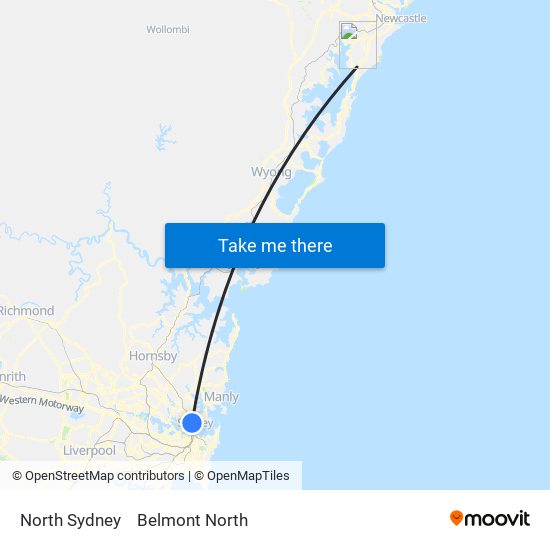 North Sydney to Belmont North map