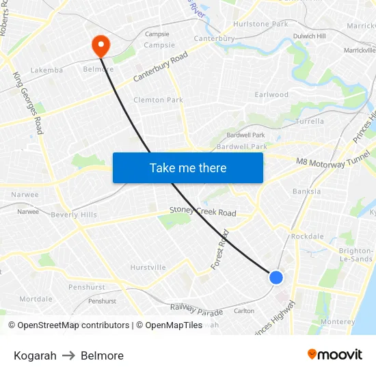 Kogarah to Belmore map