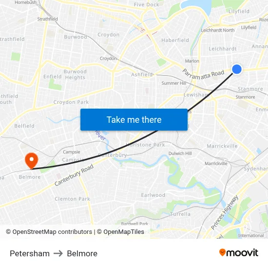 Petersham to Belmore map