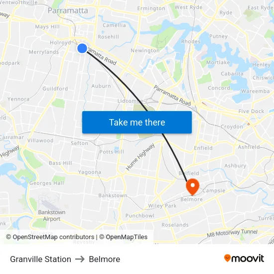 Granville Station to Belmore map