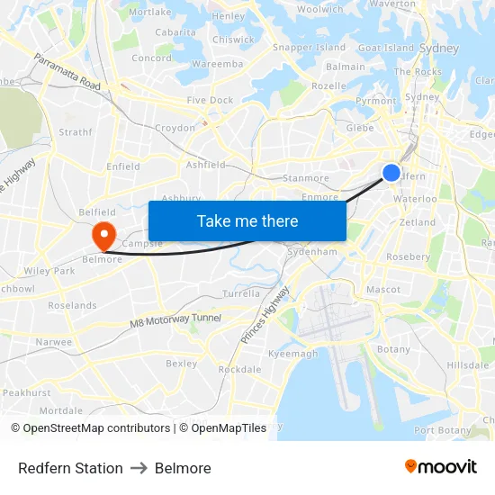 Redfern Station to Belmore map