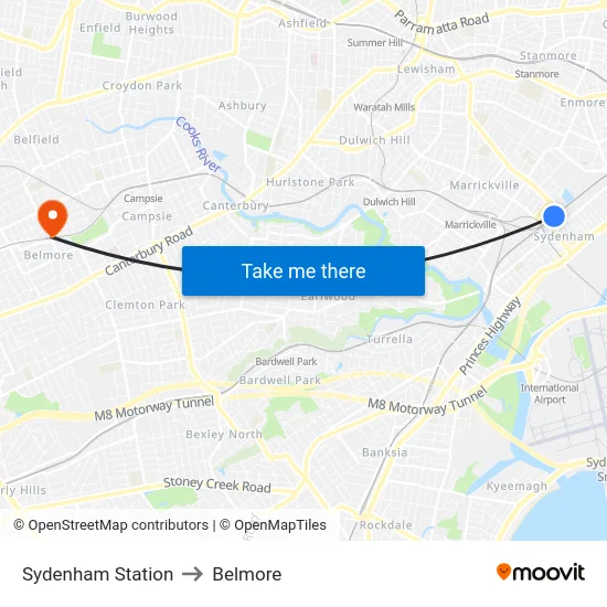 Sydenham Station to Belmore map