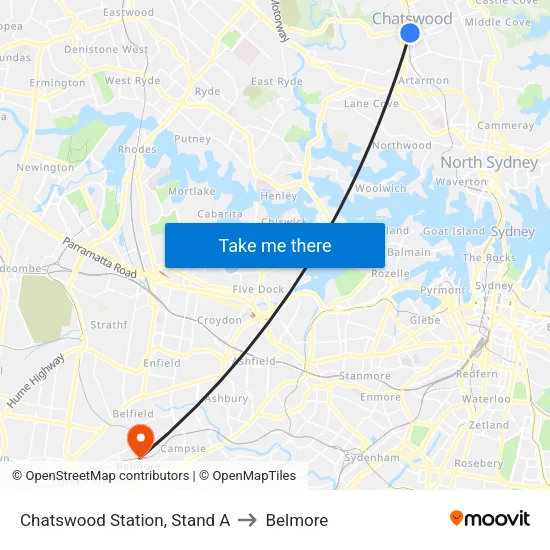 Chatswood Station, Stand A to Belmore map