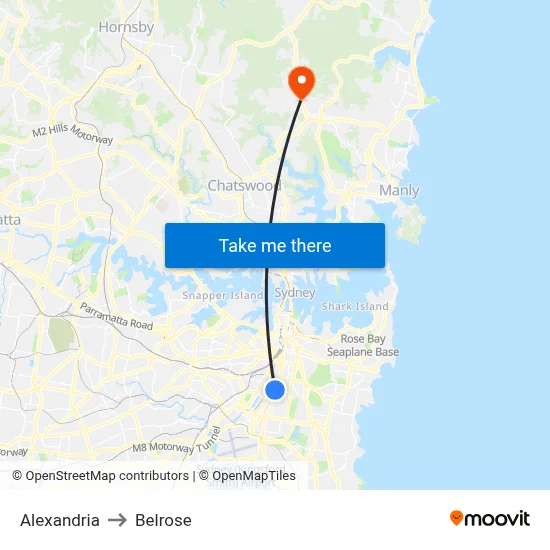 Alexandria to Belrose map