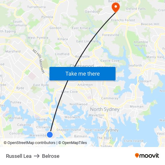 Russell Lea to Belrose map