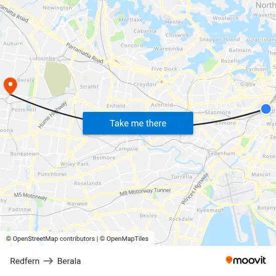 Redfern to Berala map