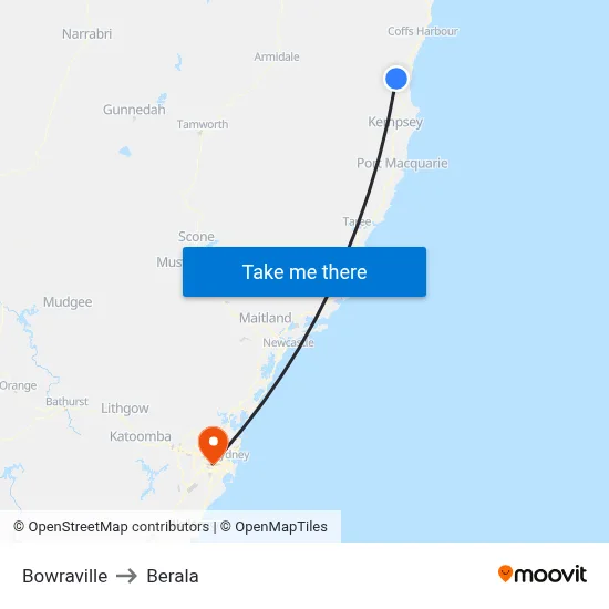 Bowraville to Berala map