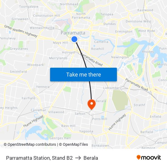 Parramatta Station, Stand B2 to Berala map