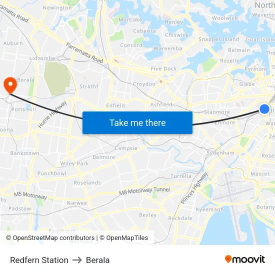 Redfern Station to Berala map