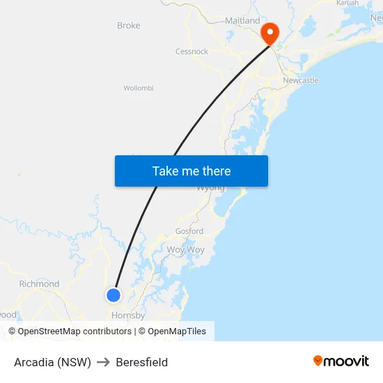 Arcadia (NSW) to Beresfield map