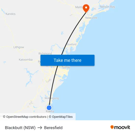 Blackbutt (NSW) to Beresfield map