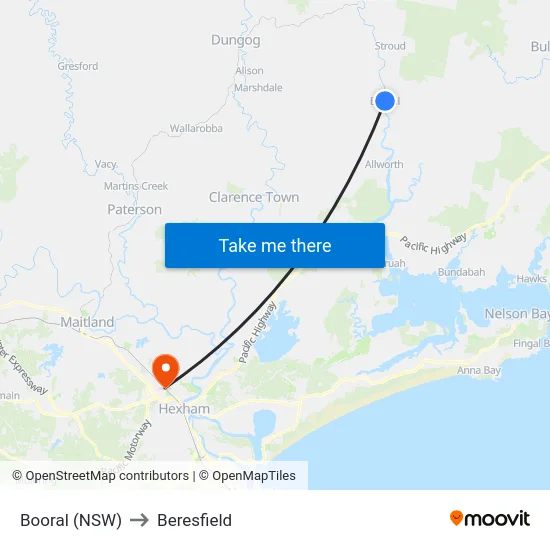 Booral (NSW) to Beresfield map