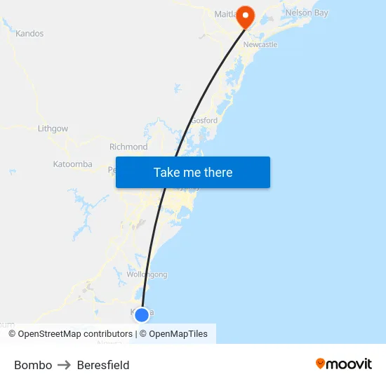 Bombo to Beresfield map