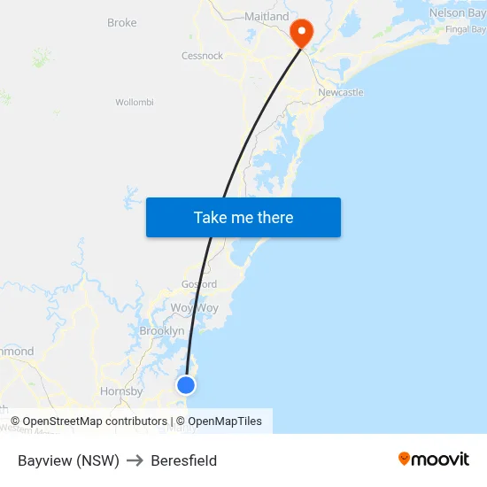 Bayview (NSW) to Beresfield map
