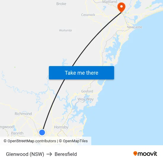 Glenwood (NSW) to Beresfield map