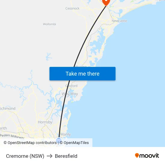 Cremorne (NSW) to Beresfield map