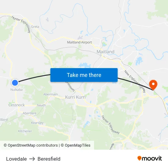 Lovedale to Beresfield map
