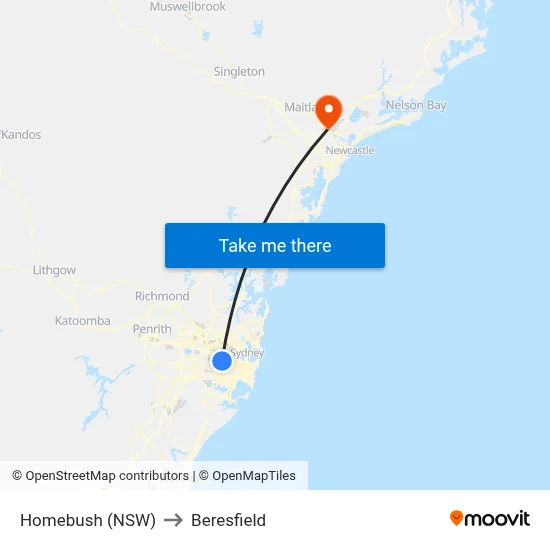 Homebush (NSW) to Beresfield map