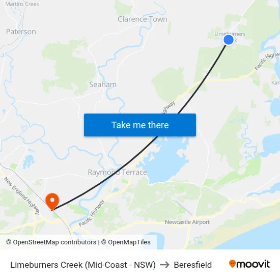 Limeburners Creek (Mid-Coast - NSW) to Beresfield map