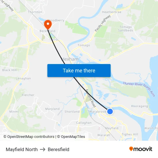 Mayfield North to Beresfield map