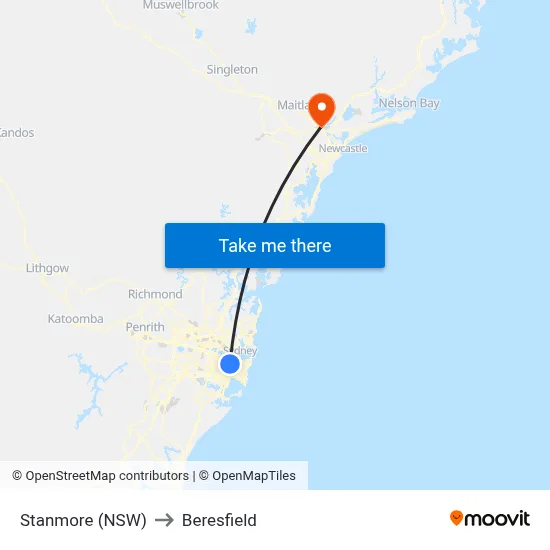 Stanmore (NSW) to Beresfield map