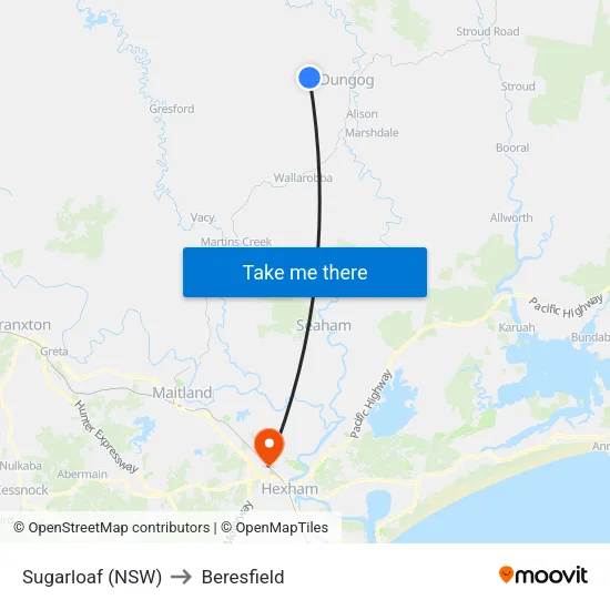 Sugarloaf (NSW) to Beresfield map