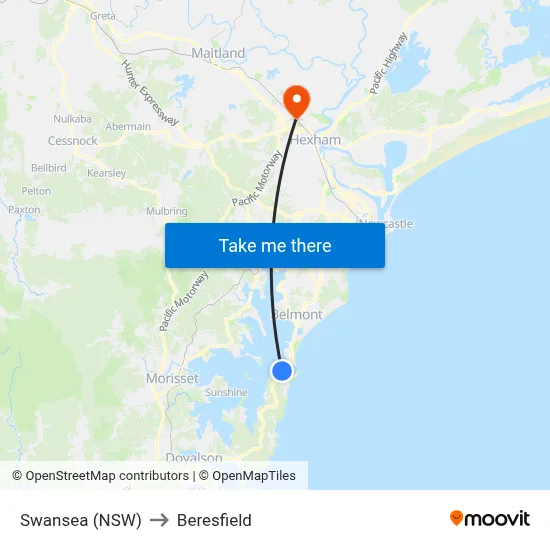 Swansea (NSW) to Beresfield map