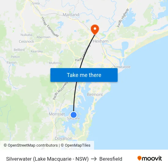 Silverwater (Lake Macquarie - NSW) to Beresfield map