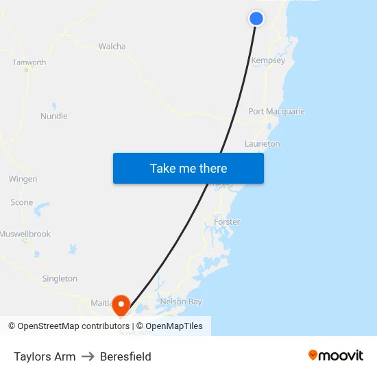 Taylors Arm to Beresfield map