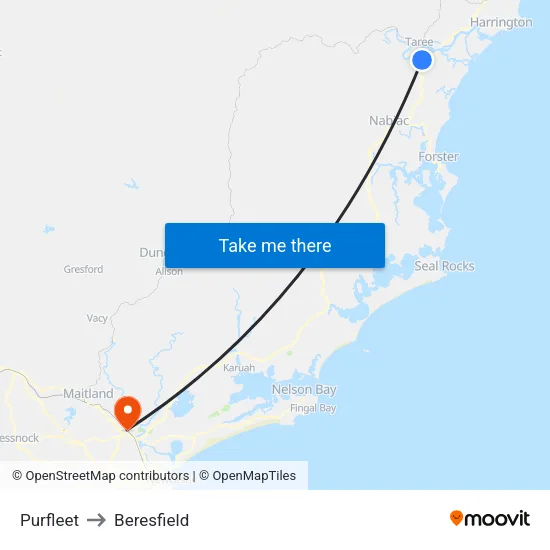Purfleet to Beresfield map